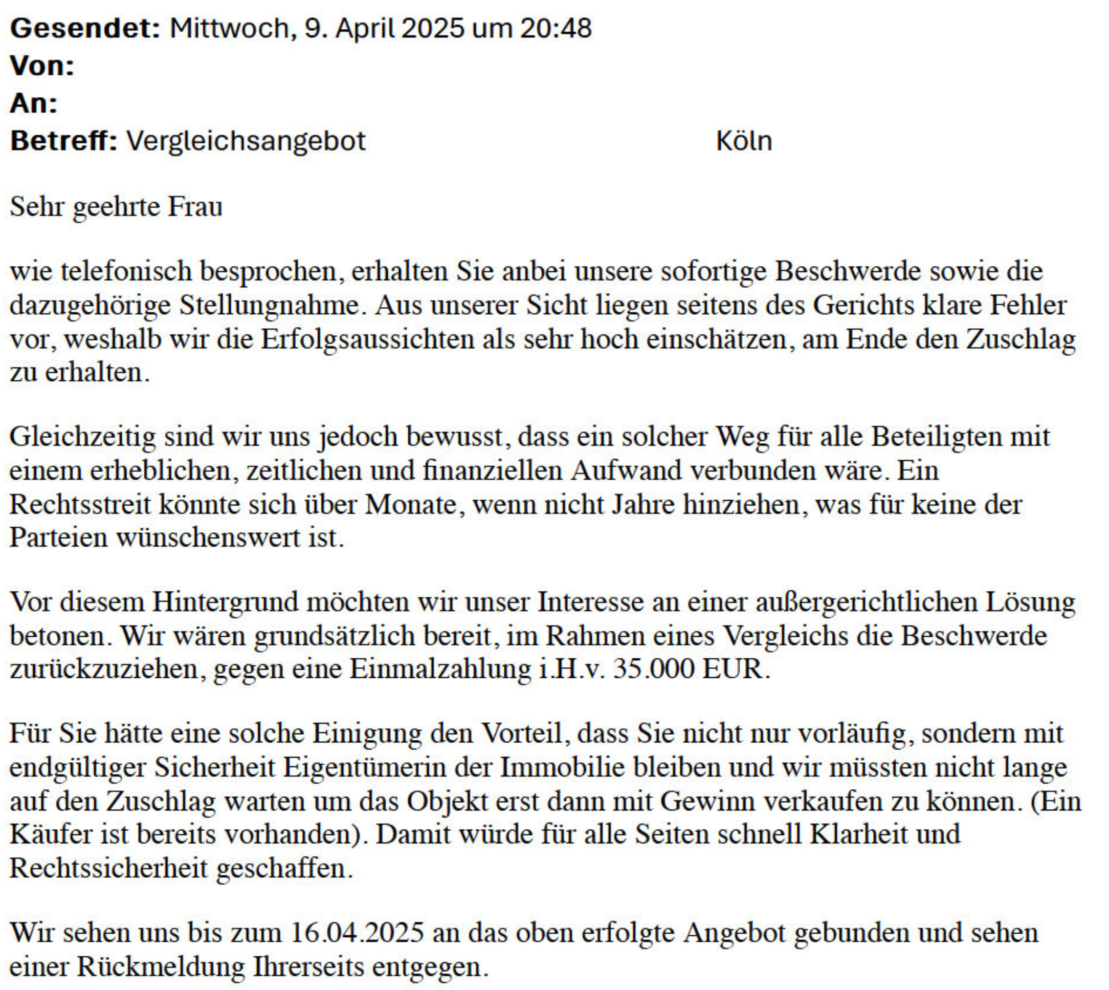 Ausschnitt aus dem Vergleichsangebot