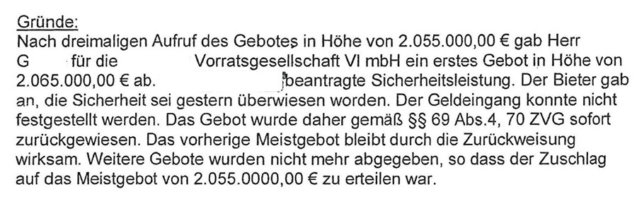 Ausschnitt aus dem Zuschlagsbeschluss AG Köln