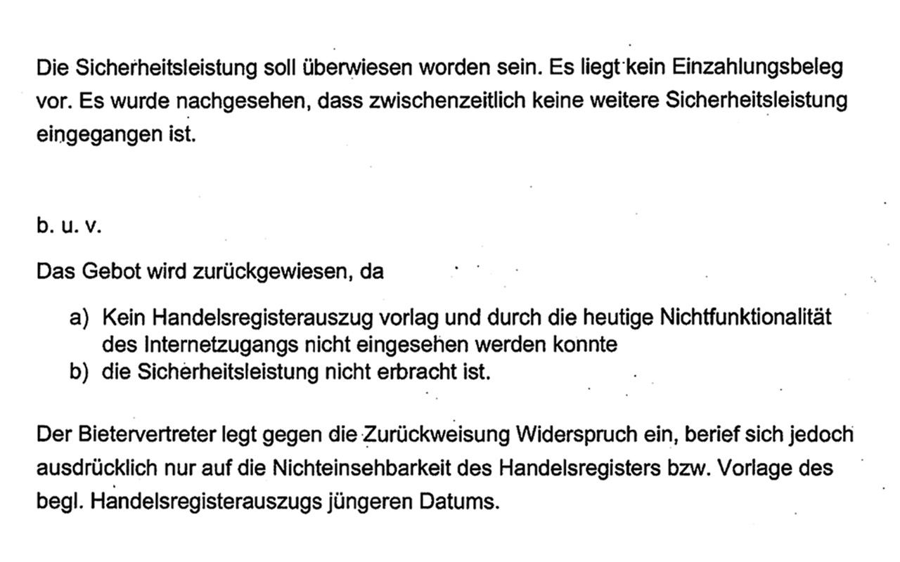 Ausschnitt aus dem Versteigerungsprotokoll AG Essen