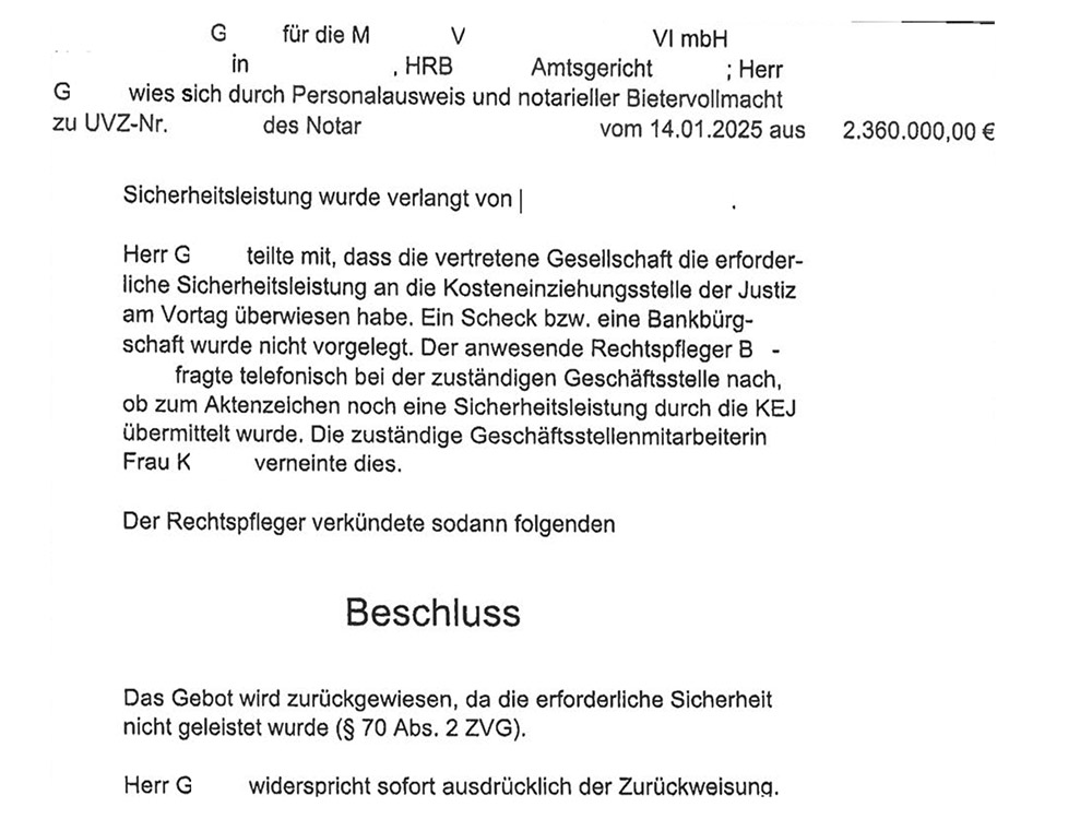 Ausschnitt aus dem Versteigerungsprotokoll